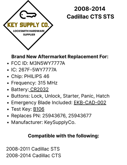 2008-2014 Cadillac CTS STS / 5-Button Smart Key / PN: 25943677 / M3N5WY7777A / (AFTERMARKET)