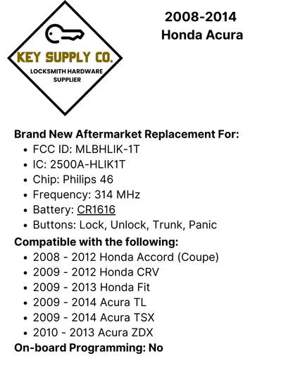 2008-2014 Honda Acura / 4-Button Remote Head Key / MLBHLIK-1T / (AFTERMARKET)
